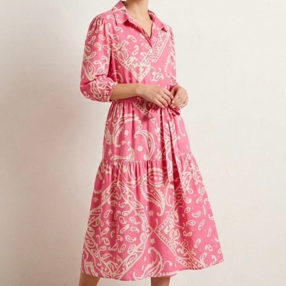 Helene Berman London Pink Paisley Cotton Shirt Dress Tiered Midi Large